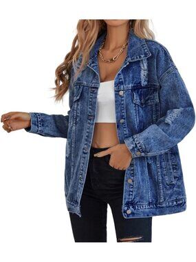 〽️Women Deep Blue Light Wash Oversized Distres Denim Boyfriend Fit Jean Jacket